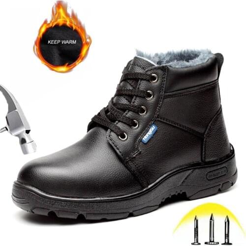 Winter Safety Boots with Steel toe Mens PU Leather Inside Velvet Protective Shoes Male Outdoor Ankle High top Work Safety Shoes