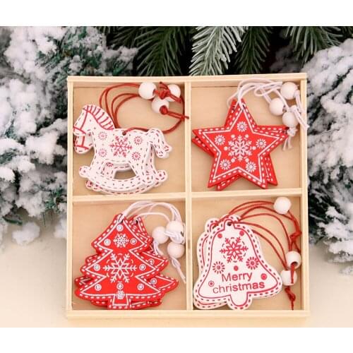 12Pcs 5cm Wooden Christmas Tree Pendant Ornaments Wood Snowflakes Baubles Hanging Xmas Decoration Home New Year Decor Gift Noel