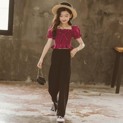 2021 Summer Girls Suit Kids Clothes Set Teen Girl Ruffle Short Sleeve Tops Tee + Long Pants Children 2 Pcs Sets 4 6 8 10 12 14 Y