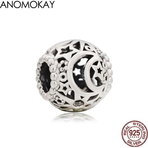 Anomokay New Openwork Star Moon 925 Silver Charm fit Bracelet & Bangle Real 925 Sterling Silver Round Beads for DIY Jewelry