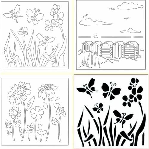 Butterflies Flower House Scenes Pattern Plastic Spray Layering Stencils For DIY Scrapbooking Album Decorative Drawing Sheet