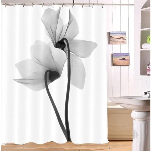 Gray Flowers White Shower Curtains Bathroom Curtain Fabric Waterproof Polyester Durable Modern Floral Bath Screen With Hooks