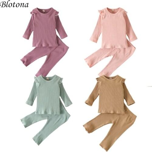 Blotona Infant Kids Baby Girl Ribbed Solid Pajama Set Fall Trousers Striped Ruffle Long Sleeve Top Elastic Pants Sleepwear 6M-4Y