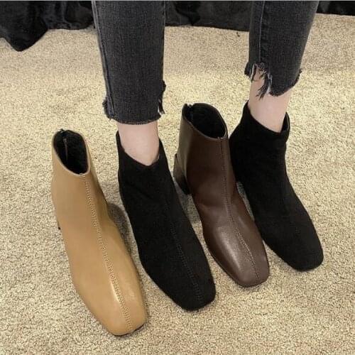 Ankle Boots For Women Square Toe Fashion Shoes Plush Warm Winter Short Boots Zipper Square Heels Comfortable Lady Shoes