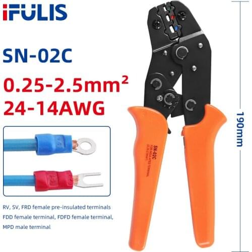 SN-02C 0.25-2.5mm2 Ratchet Crimping Pliers Hand Tool For RV SV FDD MDD Cable Lugs Kit Terminal Wire Connectors Crimper