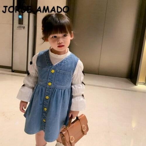 2021 Korean Style New Autumn Girls Dresses Denim Sleeveless High Waist Pocket Children Sundress Kids Cute Clothes E0512