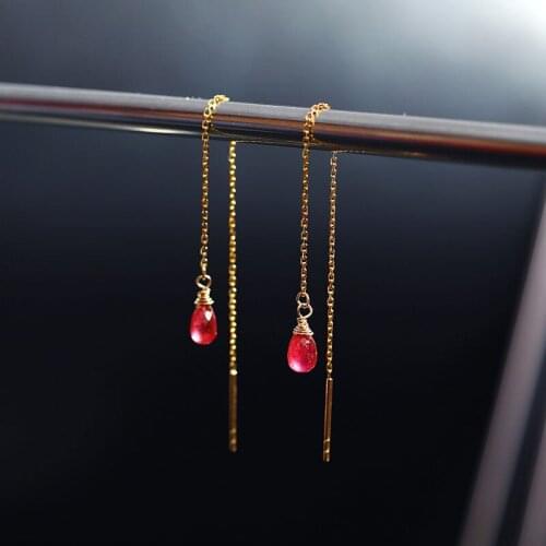 DMBS385 18K Gold Genuine Gemstones Ruby Long Earrings Female Simple Send Girlfriend Earrings Genuine Earrings