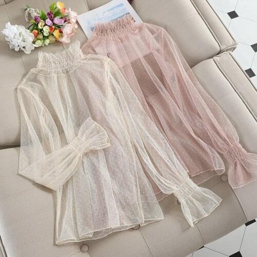 Elegant Women Flare Sleeve Mesh Gauze Voile Basic Ruffles Shirt Vintage Elastic Slim Hollow Out Lace Flower Pullover Blouse Tops