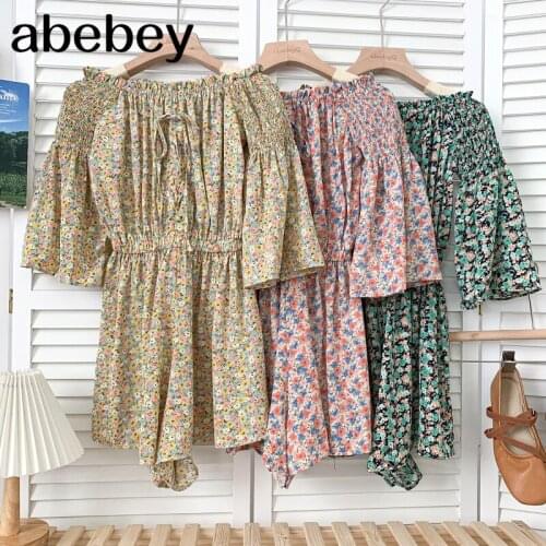 Temperament slash neck flare sleeve Rompers high waist pleated waist print short casual wide leg Rompers 2021 New Summer