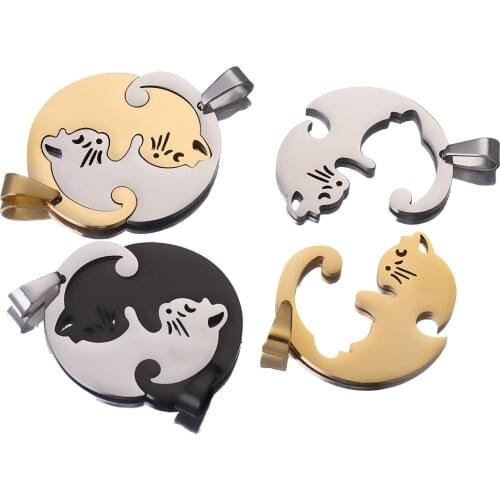 1 Pair Stainless Steel Cute Lovely Cat Charm Necklace Lover Girlfriend Set for DIY Jewelry Paired Pendant Designer Charms