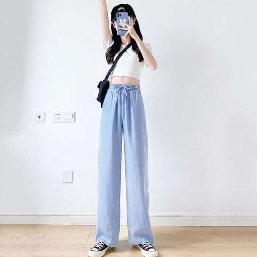 Summer Ice Silk Thin Womens Baggy Jeans Oversize Pants Fashion High Waist Denim Trousers Jeans For Girls Loose Wide Leg Pants