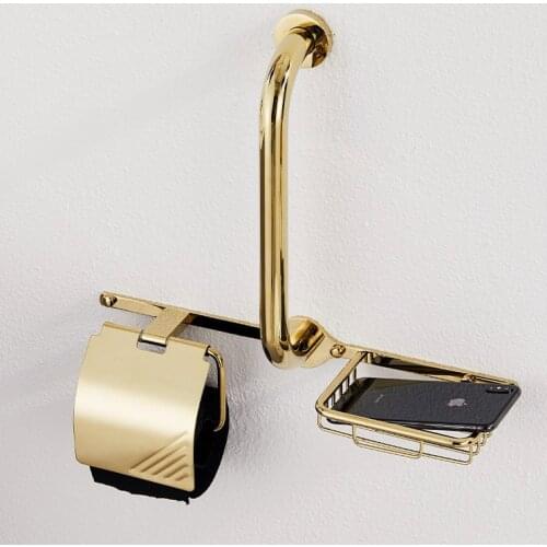 Multi-function Solid Brass Bathroom Shelf With Grab Safety Bar & Paper Holder Bolt Inserting Type Bath Hardware Free Shipping