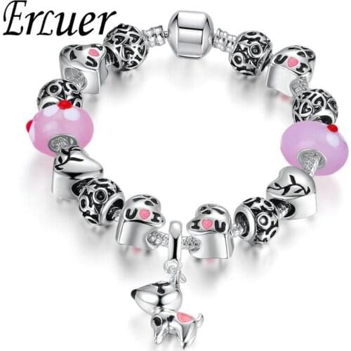 ARUEL Fashion Lovely Dog Pendant Silver Color Bracelets Love Glass Bead Bracelets & Bangles European DIY Jewelry Gift For Women