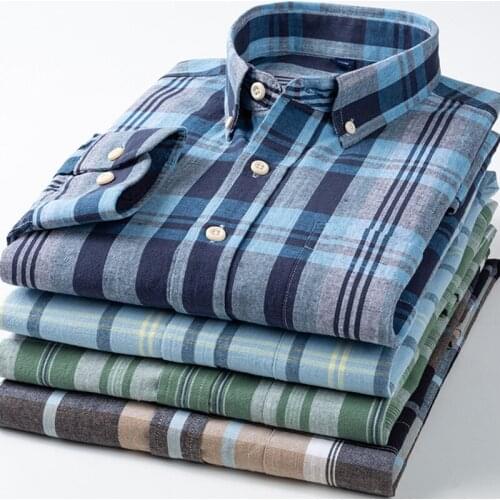 Mens Regular-Fit Shirt Cotton Line Long Sleeve Loose Business Dress Pure Color Button Shirts Men Blue White Tops Camisa Hombre