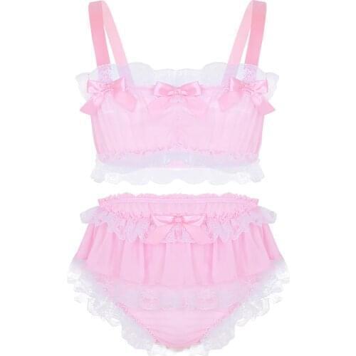 Men Sissy Lingerie Set Exotic Outfit Ruffled Lace Sheer Chiffon Sleeveless Crop Top with Skirted Panties Gay Underwear Homewear