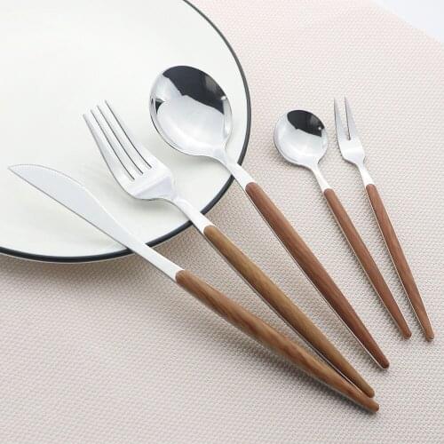 Wooden Handle Cutlery Set Stainless Steel Knife Cake Fruit Fork Spoon Dinnerware Set Kitchen 5Pcs/Set Silverware Tableware Set