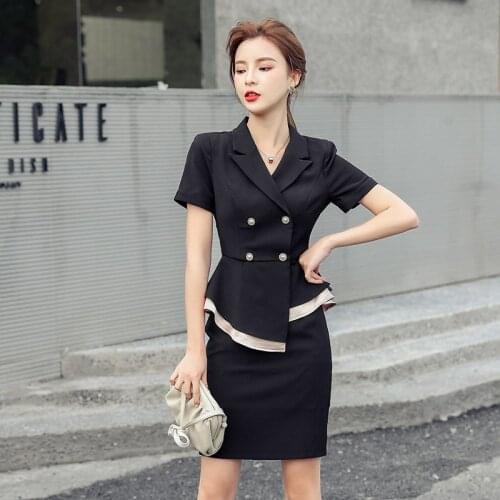 New arrival fashion set for women summer black ruffles jacket and slim pencil skirt office lady simple vintage two piece set