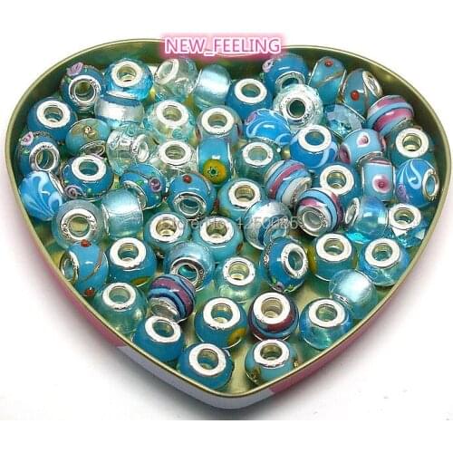 Wholesale 100pcs Mixed Style Lake Blue European Lampwork Glass Beads Fit Charm Bracelet and Necklace LGB73-1