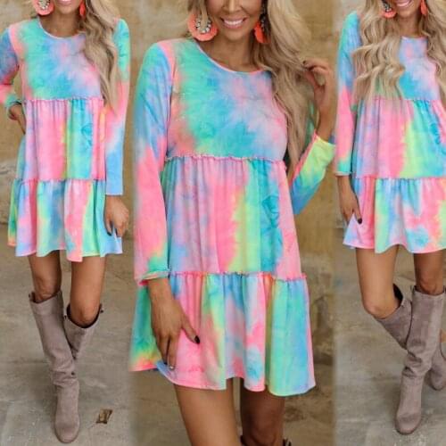 2021 Spring Summer New Tie Dye Printed Long Sleeve Loose and Comfortable Stitched Dress