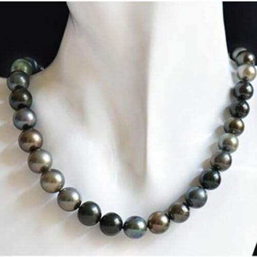 Stunning 11-12mm Tahitian round black multicolorpearl necklace 18inch 14k