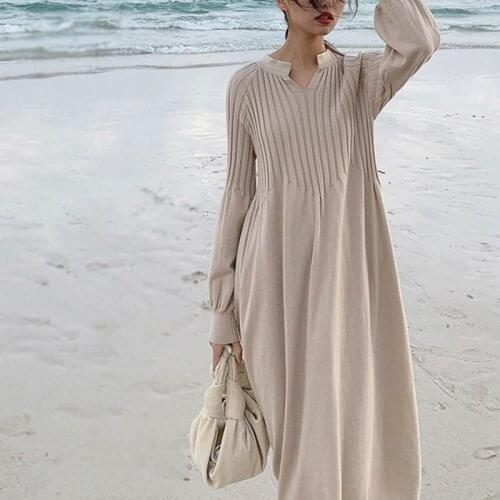 Retro French Girl Chic Knitting V-neck Long Sleeve Basic Dress Mori Girl 2020 Spring