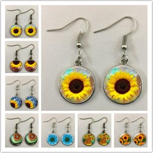 Van Gogh sunflower earrings glass cabochon fashion ladies jewelry discovery simple style flower earrings girls ladies gifts