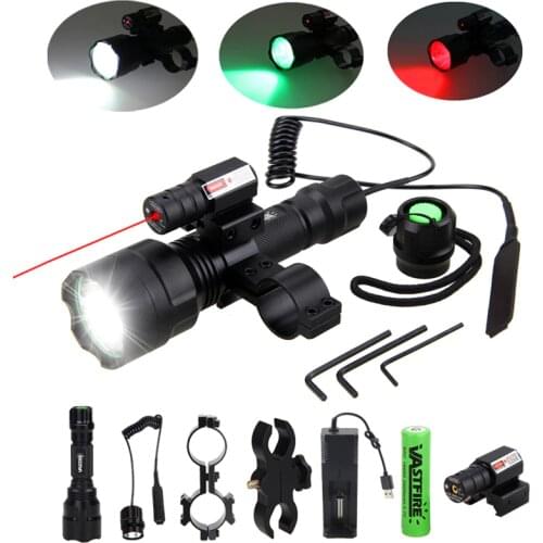 C8 200 Yards LED Tactical Hunting Flashlight Rifle Gun Light+Laser Dot Sight Scope+Switch+2*20mm Rail Barrel Mount+18650+Charger