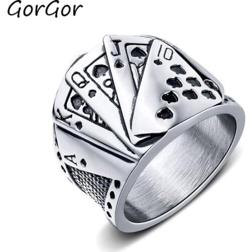 GorGor Fashion Personality Hot Selling Magician Poker Mens Titanium Steel Hip Hop Texas Poker Flush Casting Rings 676