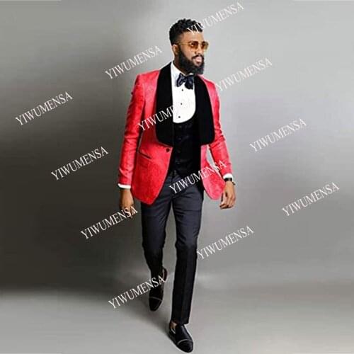 Spring/Autumn Burgundy Jacquard Wedding Suit For Men 2021 Black Peaked Laple Groomsman Wear Blazers Business Formal Tuxedos Set