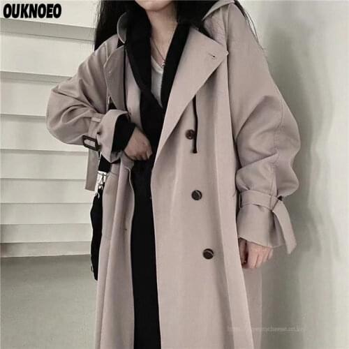 Womens spring and autumn windbreaker coat Black Retro British style medium long Korean student style loose oversize coat