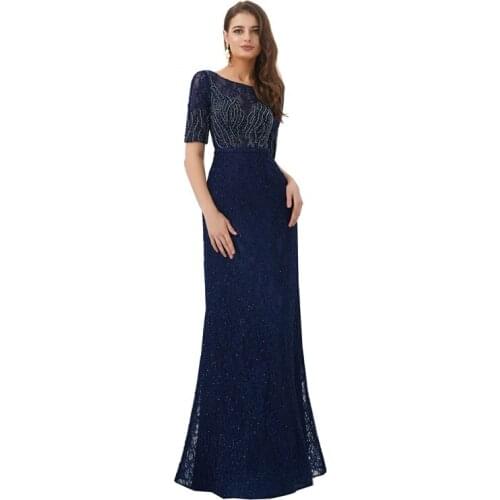 High Quality Navy Blue Lace Scoop Neck Beading Fishtail Mermaid Evening Dress Prom Gown Robe de soiree Vestido de noche 43305