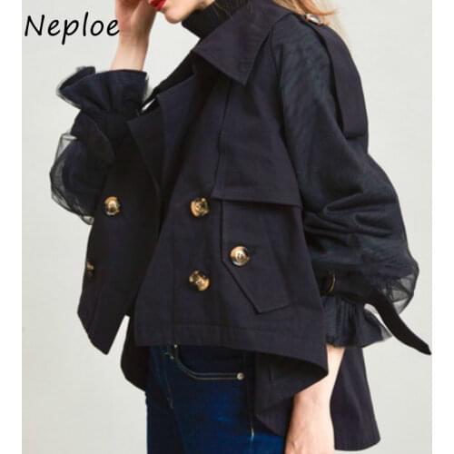 Neploe Double Breasted Mesh Patchwork Jacket Women 2021 Turn-down Collar Coat Autumn New Panelled Soft Flare Sleeve Tops
