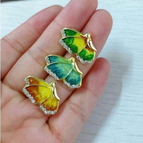Free Shipping Enamel Gradient Color Crystal Butterfly Stud Earrings for Women Fashion Blue Green Yellow Earrings Insect Jewelry