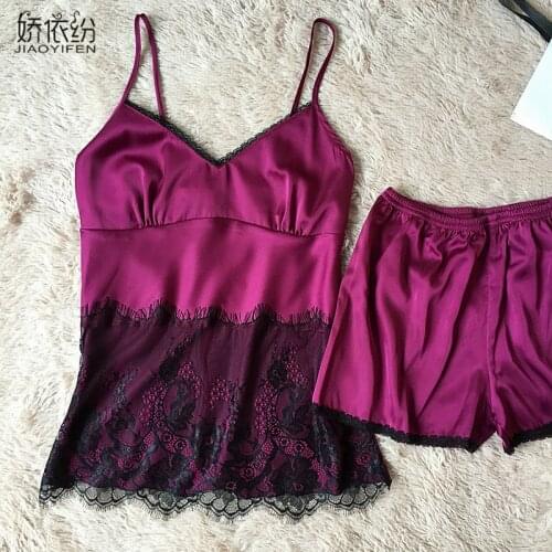 JYF Brand Summer Silk Lace Women Sleepwear Sexy Pyjama Short Set Floral Pajamas Suit V Neck Camisole Nightgown Pyjama Trousers