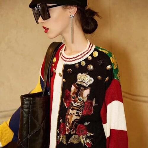 New Women Runway Vintage Winter Sweater Lady Vertical Stripes Cute Cat Flower Pattern Buttons Novelty Knitted Pullover Jumper