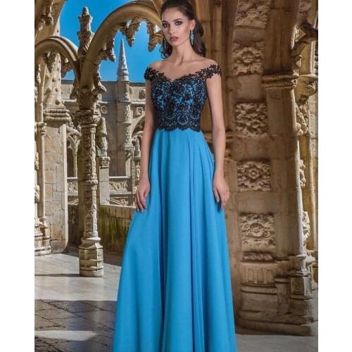 Elegant Prom Dress 2021 Black Lace Appliques Cap Sleeve Blue Satin Skirt Floor Length Women Formal Evening Gowns Brilliant