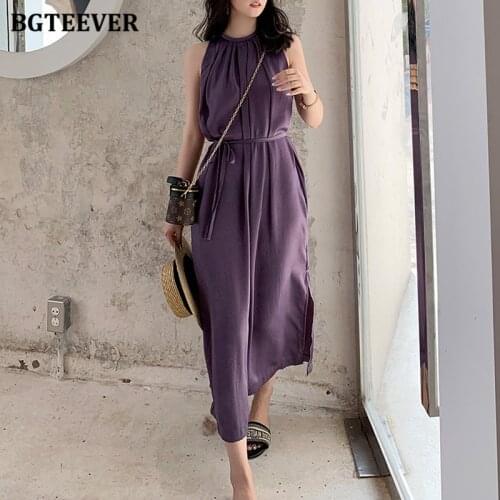 BGTEEVER Vintage Sleeveless Purple Dress for Women Summer O-neck Slim Waist Lace-up Vestidos Split Elegant Ladies Dress 2020