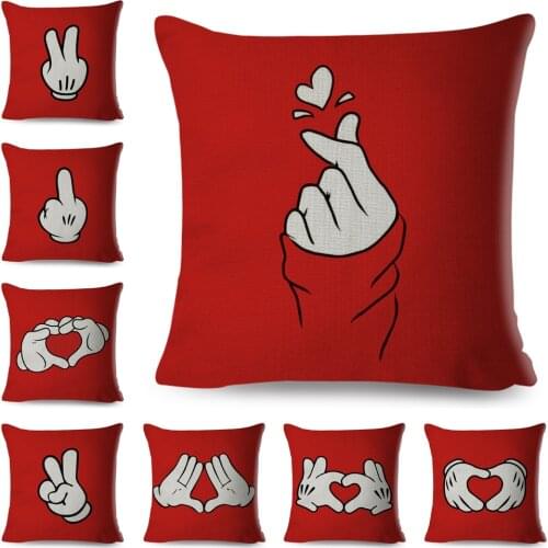 Nordic Style Finger Gesture Cushion Cover for Sofa Home Children Room Decor Cartoon Red Print Pillow Case Linen Pillowcase 45x45