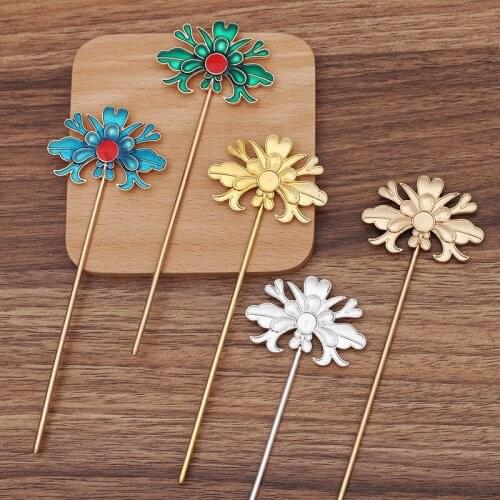 5 PCS 35*50mm Gold Silver Plated Flower Hair Sticks Metal Alloy Drops Oil Flowers Hair Fork Accessories For DIY Jewelry Making