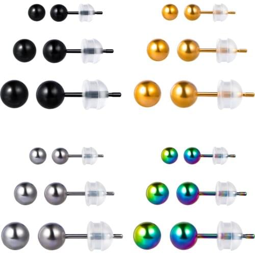 12 Pairs 316L Stainless Steel Ball Stud Earrings,Surgical Steel Ear Sets for Women With Silver Gold Black Rainbow Color 3 4 5mm