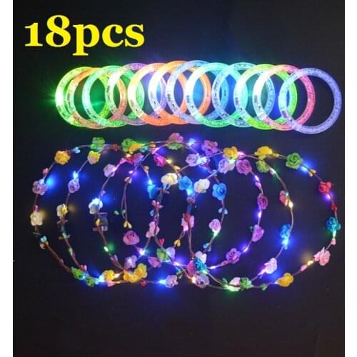 18pcs LED Light Up Toys Girls Flower Hair Wreath Bracelet Bangle Glow in the Dark Prizes Wedding Birthday Party Favors Halloween