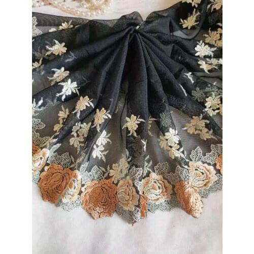 2 Yards Lace Trim Gold Roses Flowers Floral Embroidered Black Tulle Lace 8.26 Inches Wide