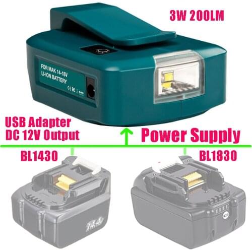 Adapter LED Light Working Lamp USB Mobile Phone Charger DC 12V Output use For Makita 14.4V 18V Li-ion Battery BL1430 BL1830