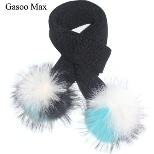 Gasoo Max Brand Children Scarf Winter Warm Knitted With 2 Pcs Colorful Detachable Pom Pom Real Raccoon Fur Pompom Baby Scarves