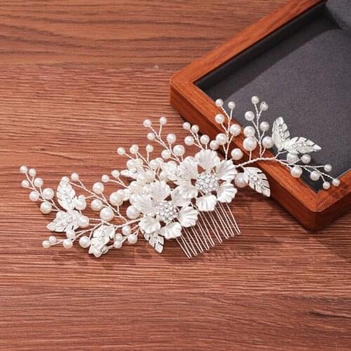 Pearl Rhinestone Flower Hair Comb Silver Color Bridal Hair Accessories For Women Hair Jewelry Comb Headband