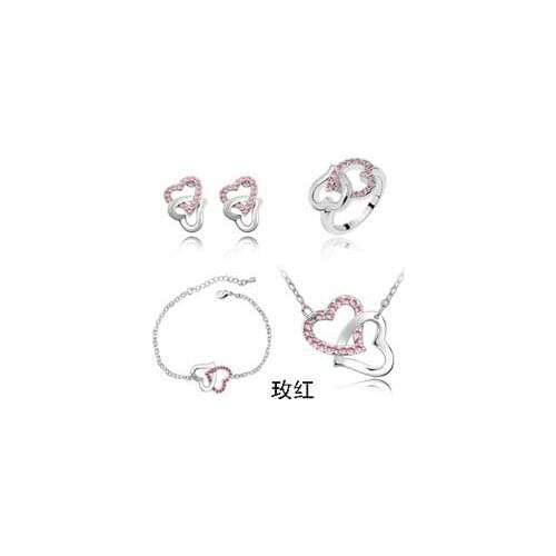 Fine Jewelry 925 Sterling Silver for Womens Wedding Heart to heart Rose Red Necklace Earrings Bracelet Ring Set yw060