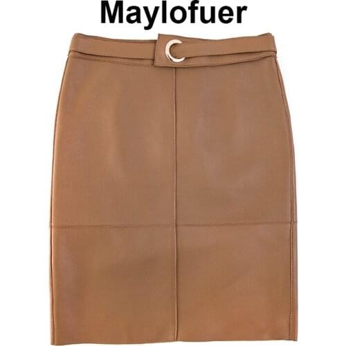 Real Leather Women Genuine Leather Mini Skirt For Women A-Line Office Lady Vintage Bodycon Skirt With Belt Women Skirt Summer