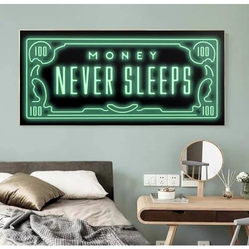 Money Never Sleeps Art Canvas Posters and Green Paper Money Prints Canvas Paintings on The Wall Art Pictures HomeWall Decoration