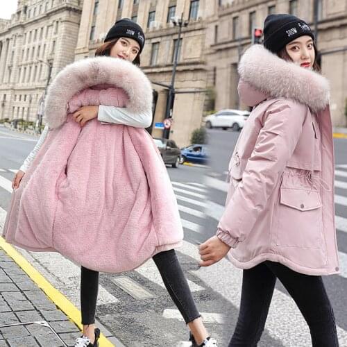 New Women Cotton Liner Parker Parka Coat Fashion Adjustable Waist Fur Collar Hooded Winter Jacket Women Medium Long Overcoat
