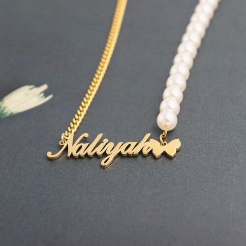 Gold Butterfly Name Necklace Custom Jewelry Peral Necklaces Women Bridesmaid Gift Stainless Steel Personalized Name Bijoux Femme